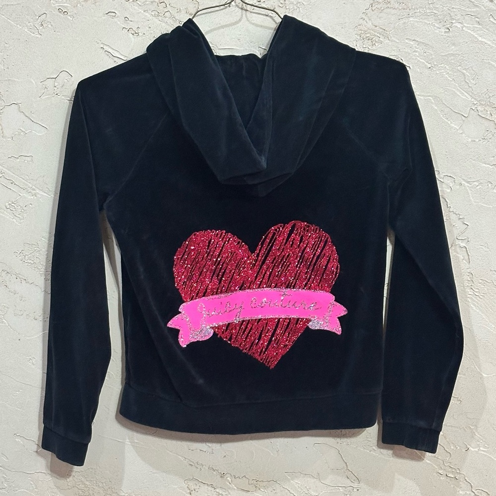 Vintage Juicy Couture Girls Black Velour Zip Hoodie with Glitter Heart size XL